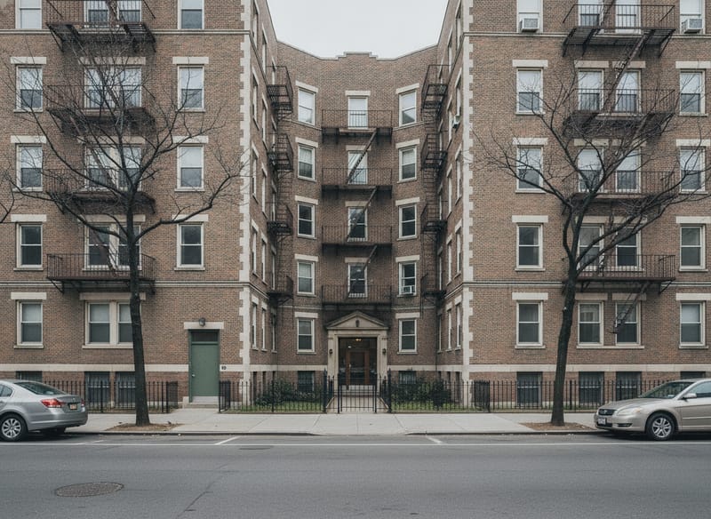 A prewar six-storey brick elevator building with a recessed courtyard entrance and a plain service door at the side